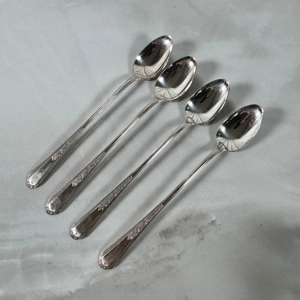 Set of 4 Plymouth Silver Plate Long Iced‎ Tea Spoons Jewel Rose Cottagecore